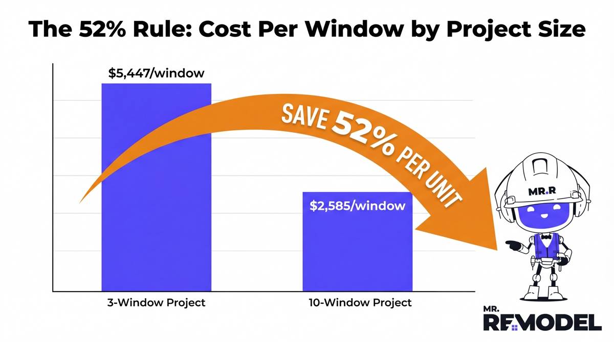 A bar chart infographic illustrating that a 10-window project offers a 52% lower cost-per-window compared to a 3-window project.
